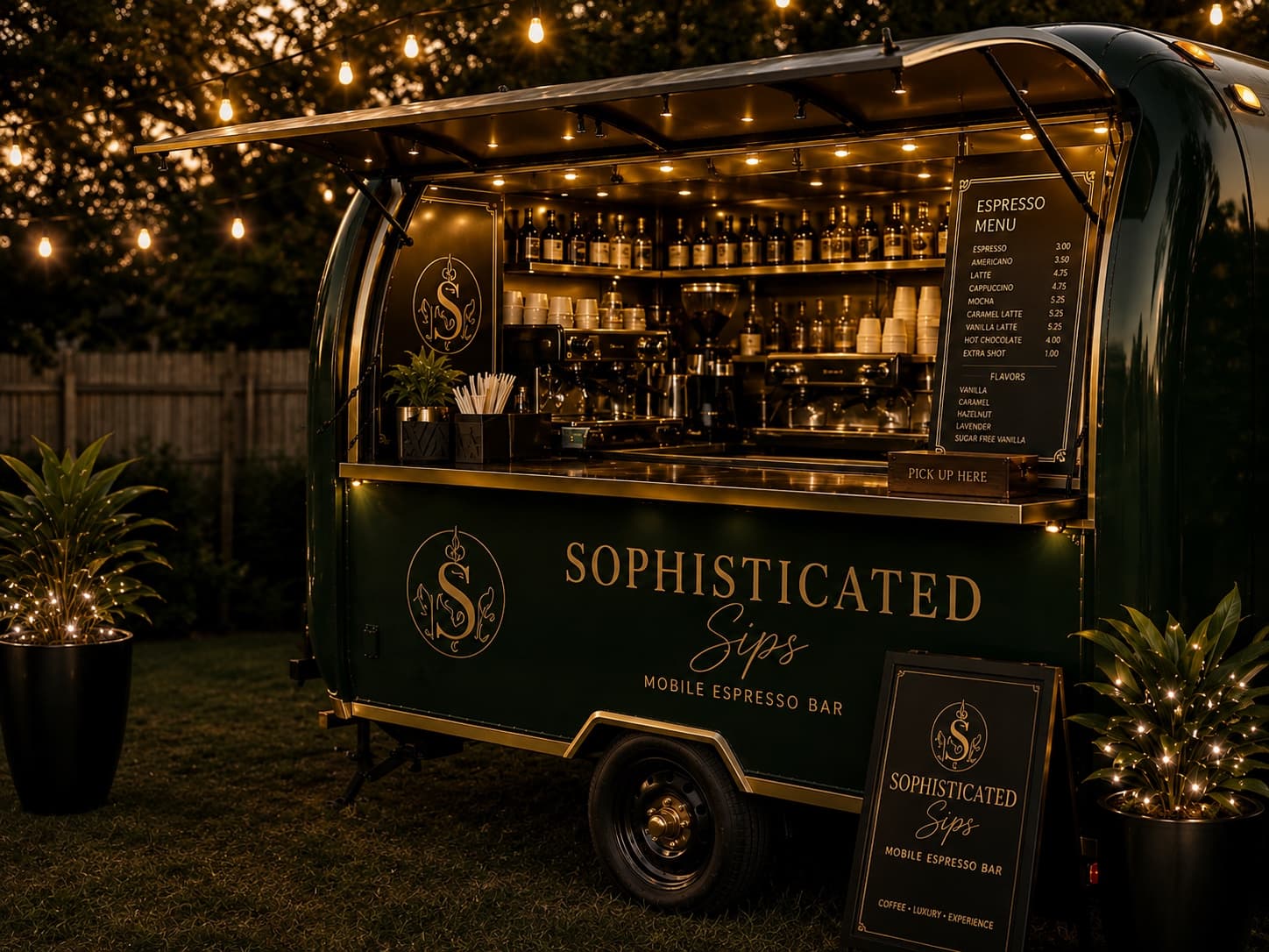 The real Sophisticated Sips mobile espresso trailer ready to serve at an evening event